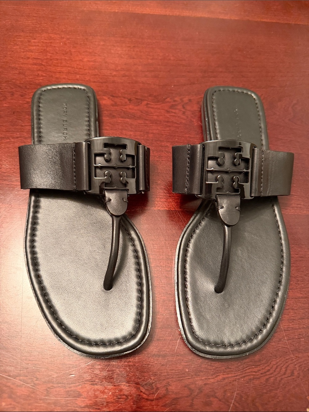 Tory Burch Black Leather Logo Thong Sandals